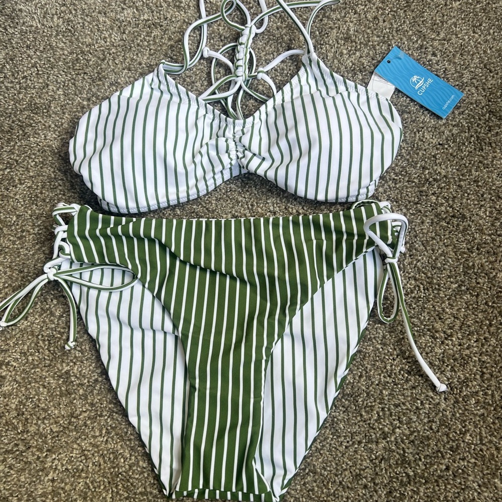 Cupshe Green and White Striped Bikini with reversible bottoms.